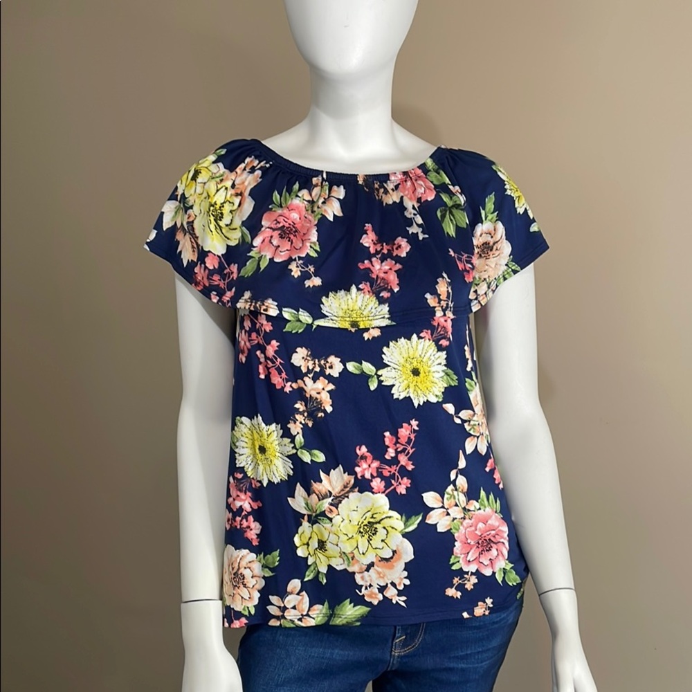 White Birch Blue and Yellow Cap Sleeve Relaxed Blouse